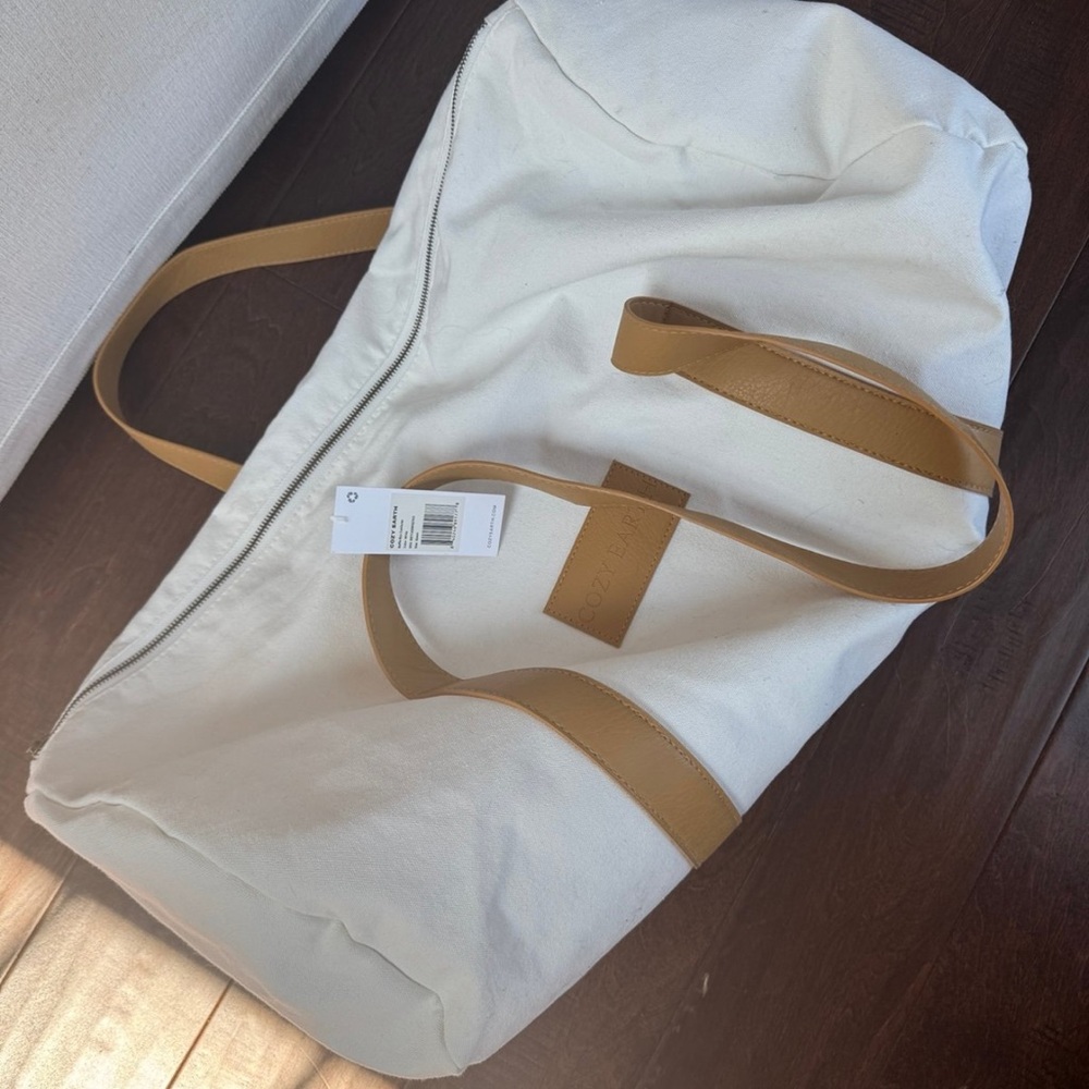 White Canvas Tote Bag with Tan Straps